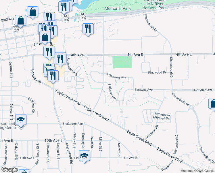 map of restaurants, bars, coffee shops, grocery stores, and more near 1843 Parkway Avenue in Shakopee