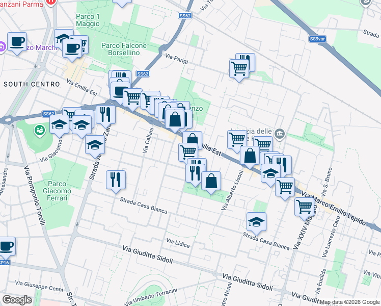 map of restaurants, bars, coffee shops, grocery stores, and more near 1 Via Cassio Parmense in Parma