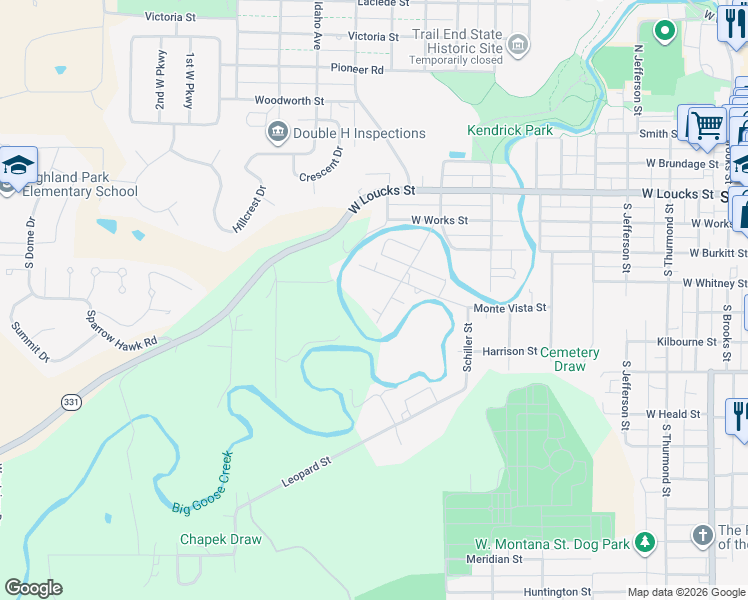 map of restaurants, bars, coffee shops, grocery stores, and more near 418 North B Avenue in Sheridan