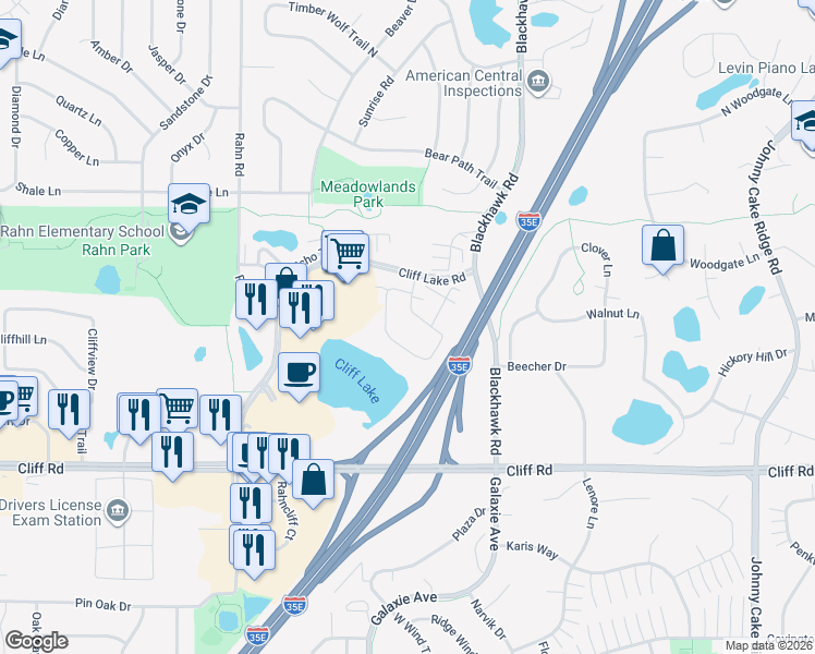 map of restaurants, bars, coffee shops, grocery stores, and more near 4430 Lakeshore Terrace in Eagan