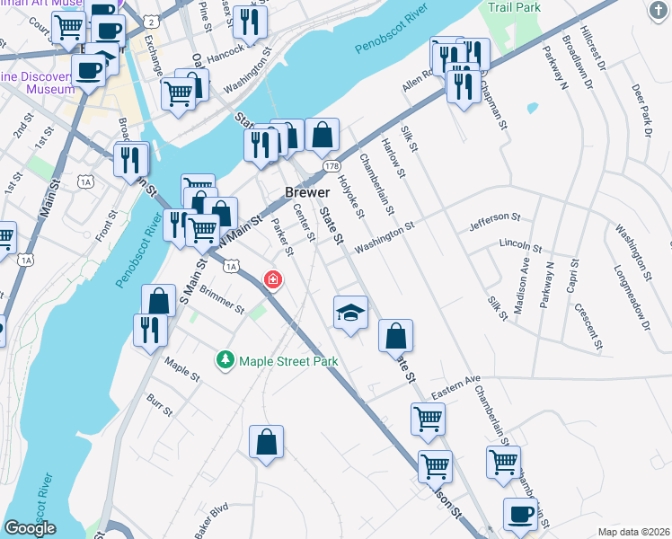 map of restaurants, bars, coffee shops, grocery stores, and more near 8 Washington Street in Brewer