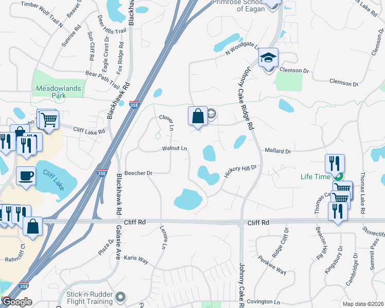 map of restaurants, bars, coffee shops, grocery stores, and more near 1793 Walnut Lane in Eagan