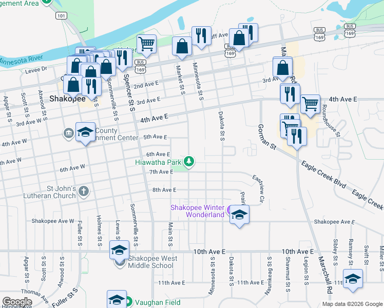 map of restaurants, bars, coffee shops, grocery stores, and more near 539 Market Street South in Shakopee