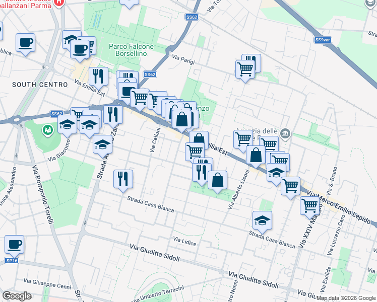 map of restaurants, bars, coffee shops, grocery stores, and more near 6 Via Dante Gibertini in Parma