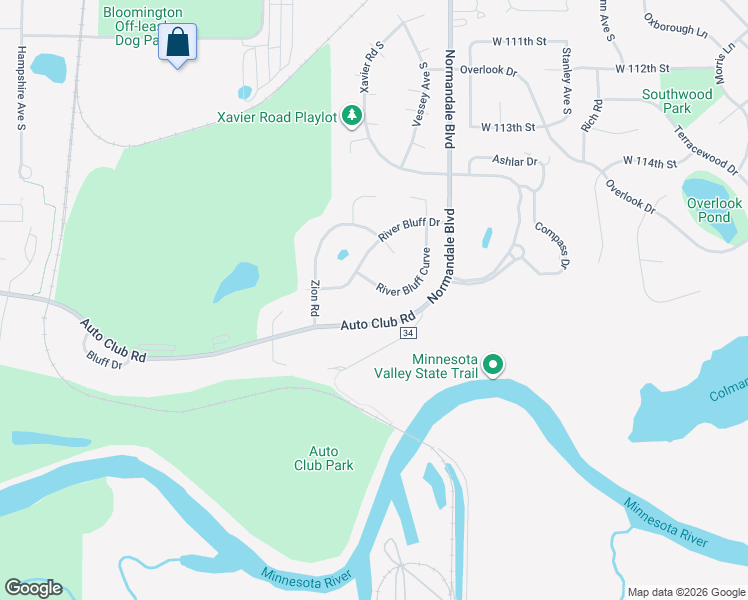 map of restaurants, bars, coffee shops, grocery stores, and more near 5509 River Bluff Circle in Minneapolis