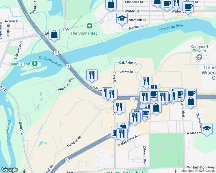 map of restaurants, bars, coffee shops, grocery stores, and more near 1202 West Clairemont Avenue in Eau Claire