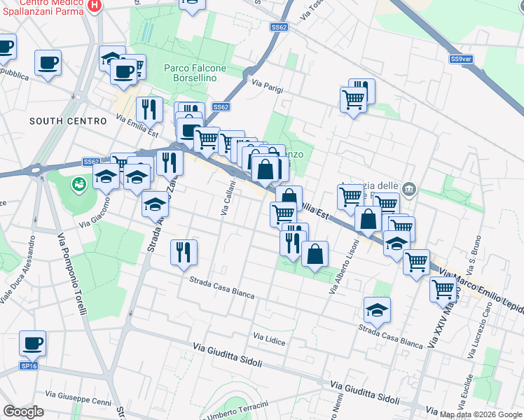 map of restaurants, bars, coffee shops, grocery stores, and more near 6 Via Dante Gibertini in Parma