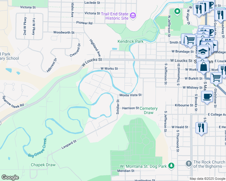 map of restaurants, bars, coffee shops, grocery stores, and more near 905 Beckton Avenue in Sheridan
