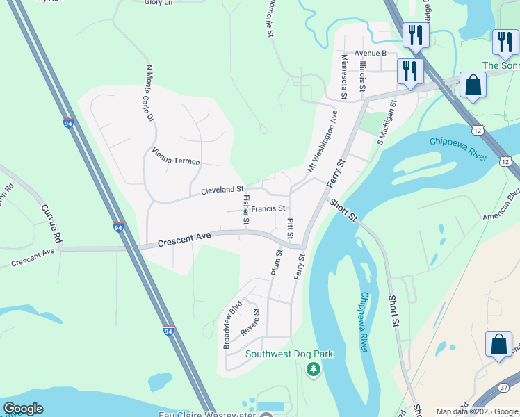 map of restaurants, bars, coffee shops, grocery stores, and more near 1958 Francis Street in Eau Claire