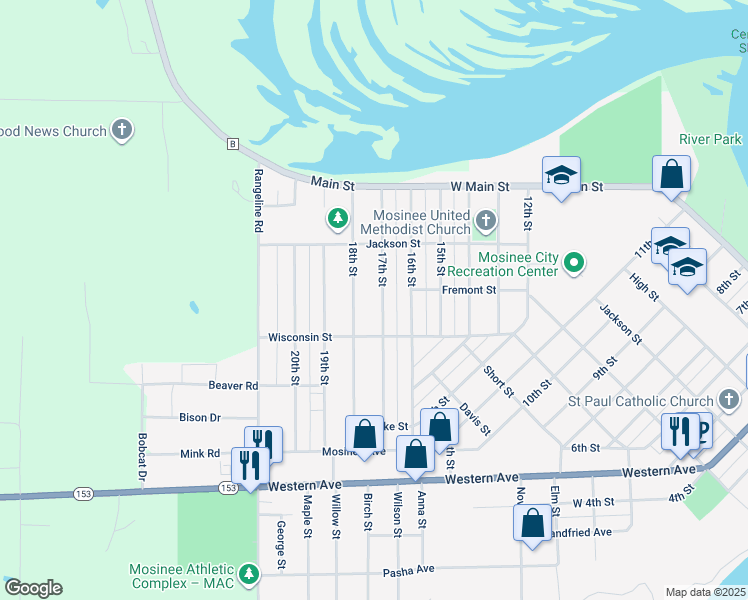 map of restaurants, bars, coffee shops, grocery stores, and more near 709 17th Street in Mosinee