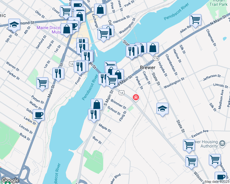 map of restaurants, bars, coffee shops, grocery stores, and more near 20 State Route 9 in Brewer