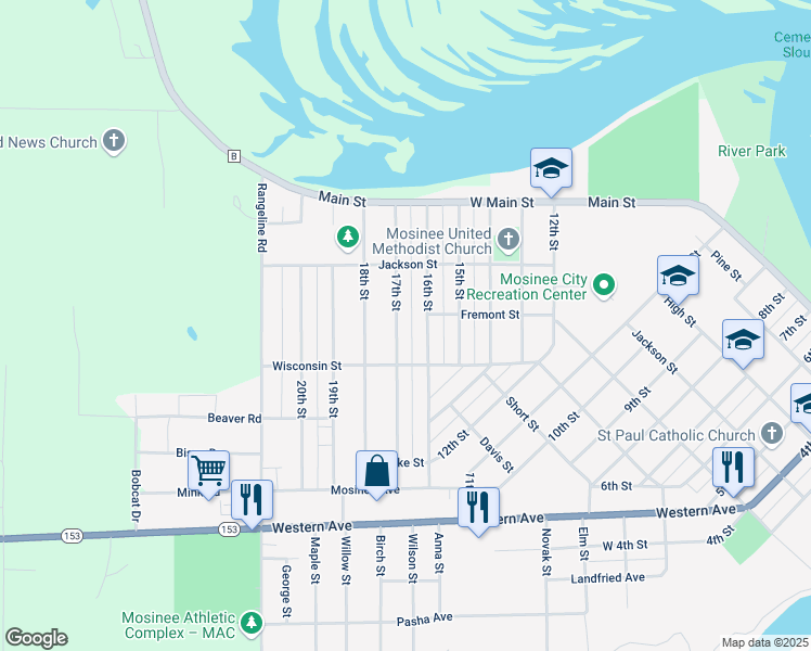 map of restaurants, bars, coffee shops, grocery stores, and more near 709 17th Street in Mosinee