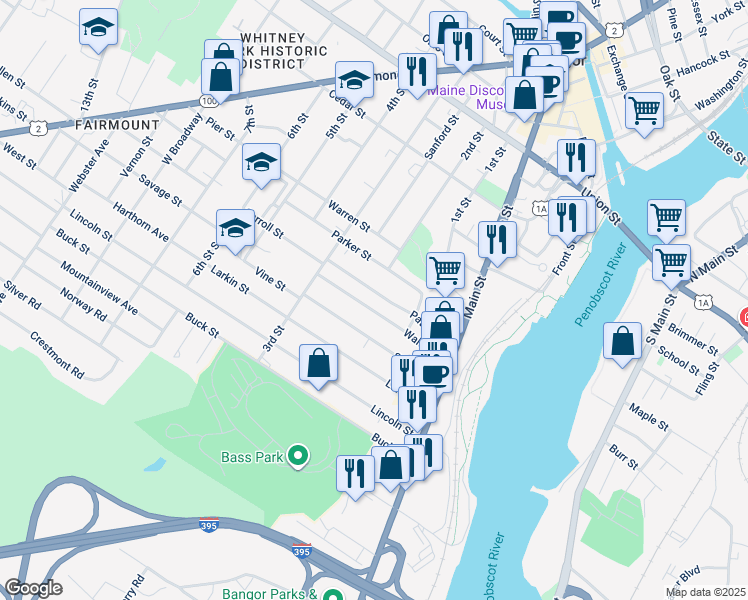 map of restaurants, bars, coffee shops, grocery stores, and more near 88 Patten Street in Bangor