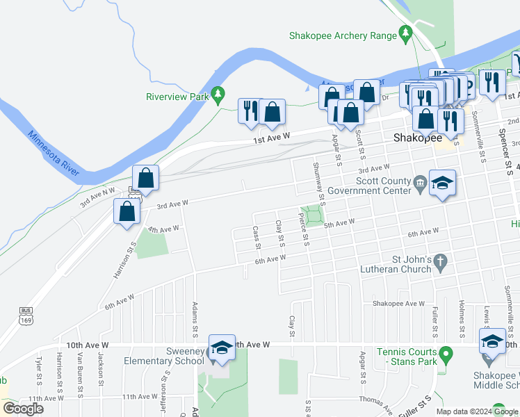 map of restaurants, bars, coffee shops, grocery stores, and more near 835 4th Avenue West in Shakopee