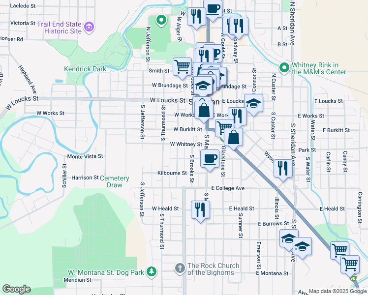 map of restaurants, bars, coffee shops, grocery stores, and more near 128 West Whitney Street in Sheridan