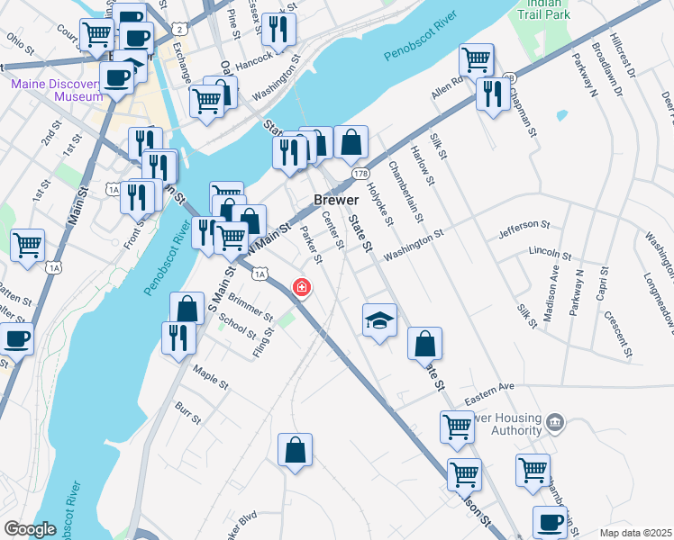 map of restaurants, bars, coffee shops, grocery stores, and more near 68 Parker Street in Brewer