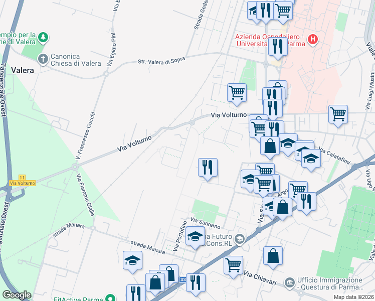 map of restaurants, bars, coffee shops, grocery stores, and more near 16 Via Federico Fellini in Parma