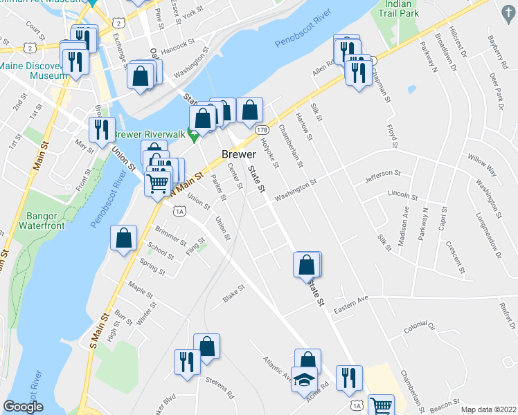 map of restaurants, bars, coffee shops, grocery stores, and more near 6 Washington Street in Brewer