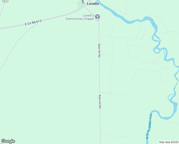 map of restaurants, bars, coffee shops, grocery stores, and more near Bald Hill Road in Grayling
