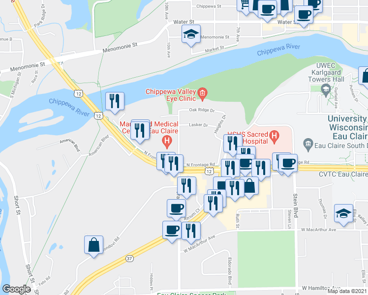 map of restaurants, bars, coffee shops, grocery stores, and more near 2305 Craig Road in Eau Claire
