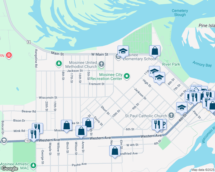 map of restaurants, bars, coffee shops, grocery stores, and more near 1204 Fremont Street in Mosinee