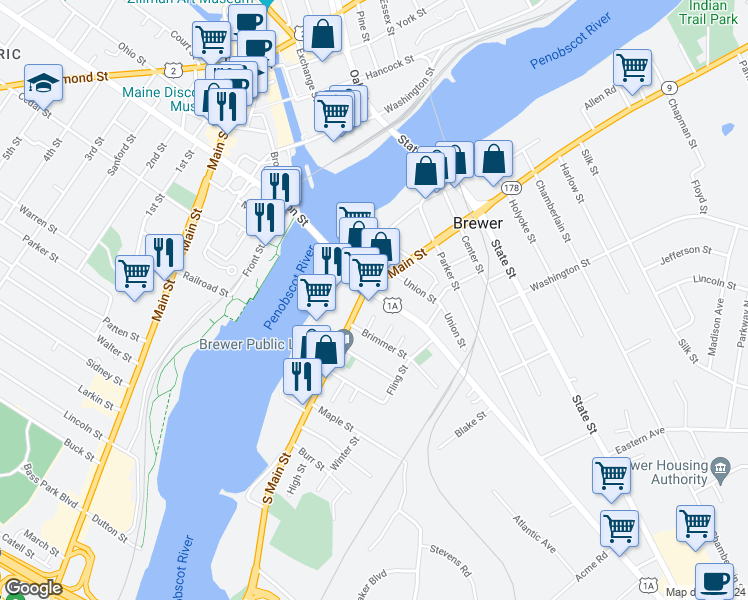 map of restaurants, bars, coffee shops, grocery stores, and more near 2 South Main Street in Brewer