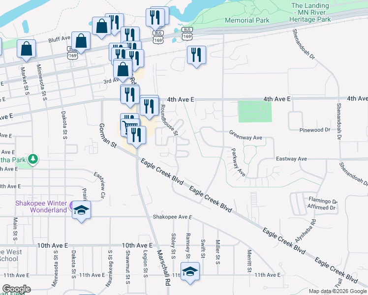 map of restaurants, bars, coffee shops, grocery stores, and more near 669 Roundhouse Street in Shakopee