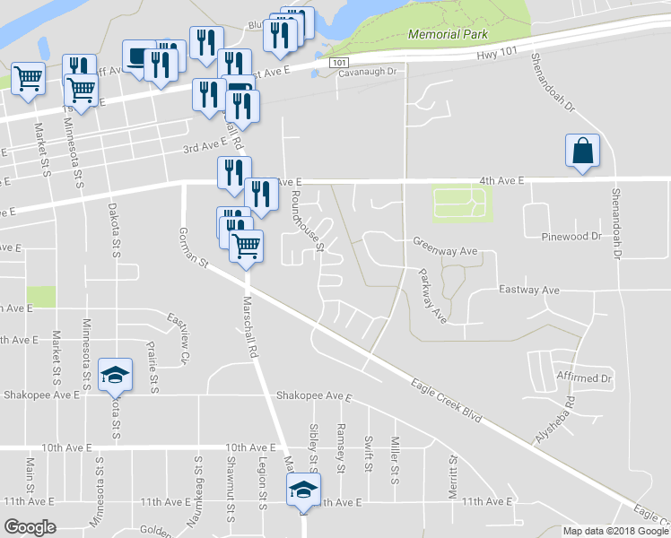 map of restaurants, bars, coffee shops, grocery stores, and more near 671 Roundhouse Street in Shakopee