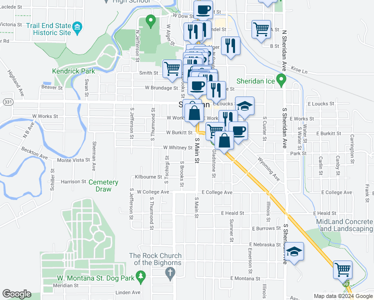 map of restaurants, bars, coffee shops, grocery stores, and more near 128 West Whitney Street in Sheridan