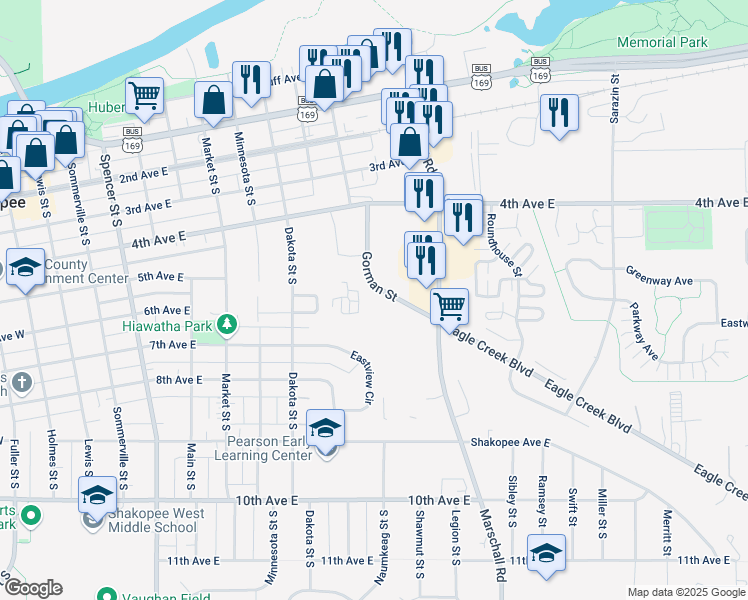 map of restaurants, bars, coffee shops, grocery stores, and more near 560 Gorman Street in Shakopee