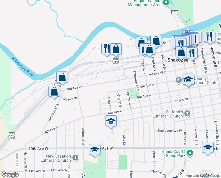 map of restaurants, bars, coffee shops, grocery stores, and more near 835 4th Avenue West in Shakopee