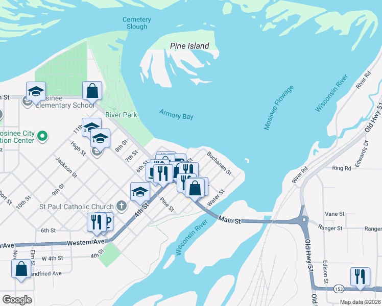 map of restaurants, bars, coffee shops, grocery stores, and more near 207 4th St in Mosinee
