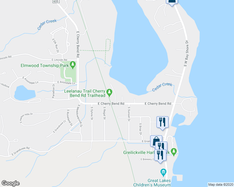 map of restaurants, bars, coffee shops, grocery stores, and more near 12681 South Cedar Lane in Traverse City