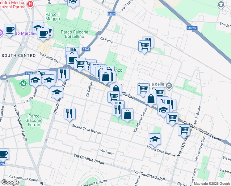 map of restaurants, bars, coffee shops, grocery stores, and more near 1 Via Cassio Parmense in Parma