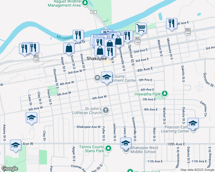 map of restaurants, bars, coffee shops, grocery stores, and more near 100 5th Avenue East in Shakopee