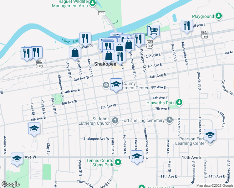 map of restaurants, bars, coffee shops, grocery stores, and more near 100 5th Avenue East in Shakopee