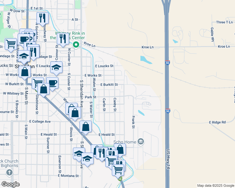 map of restaurants, bars, coffee shops, grocery stores, and more near 751 Park Street in Sheridan