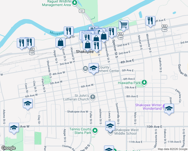 map of restaurants, bars, coffee shops, grocery stores, and more near 100 5th Avenue East in Shakopee