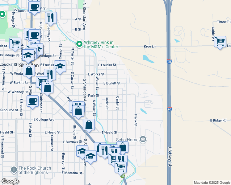 map of restaurants, bars, coffee shops, grocery stores, and more near 751 Park Street in Sheridan
