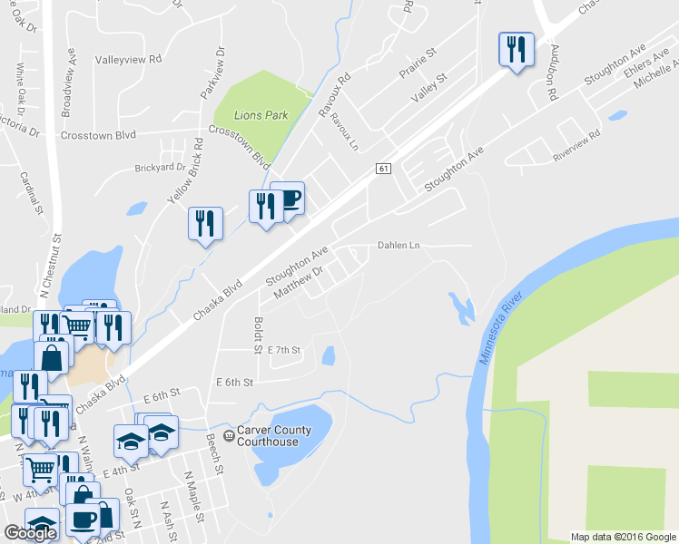 map of restaurants, bars, coffee shops, grocery stores, and more near 970 Heldt Street in Chaska