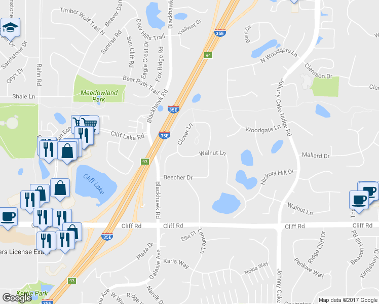 map of restaurants, bars, coffee shops, grocery stores, and more near 1829 Walnut Lane in Eagan