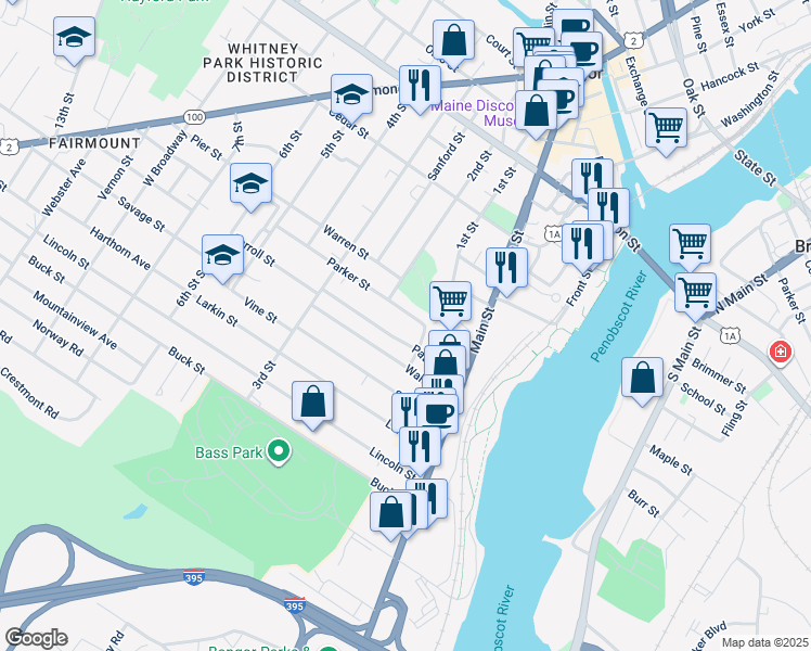 map of restaurants, bars, coffee shops, grocery stores, and more near 22 Parker Street in Bangor