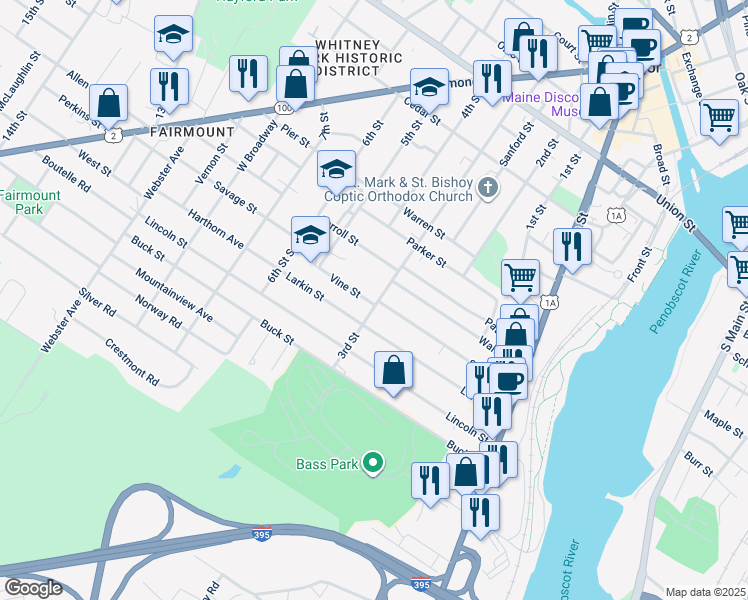 map of restaurants, bars, coffee shops, grocery stores, and more near 203 3rd Street in Bangor