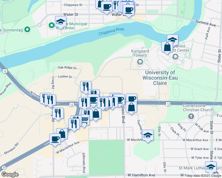 map of restaurants, bars, coffee shops, grocery stores, and more near 900 West Clairemont Avenue in Eau Claire