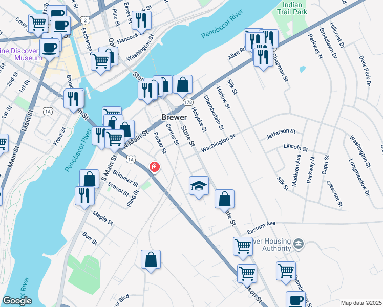 map of restaurants, bars, coffee shops, grocery stores, and more near 8 Washington Street in Brewer