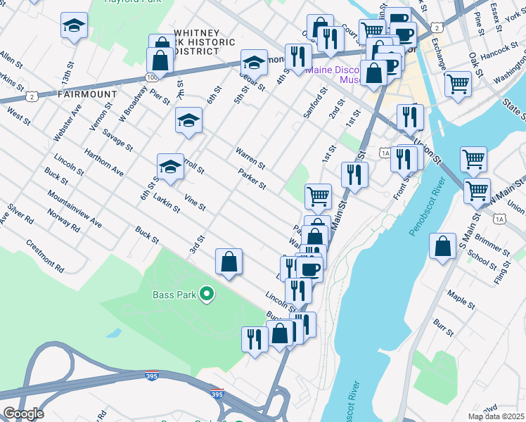 map of restaurants, bars, coffee shops, grocery stores, and more near 88 Patten Street in Bangor