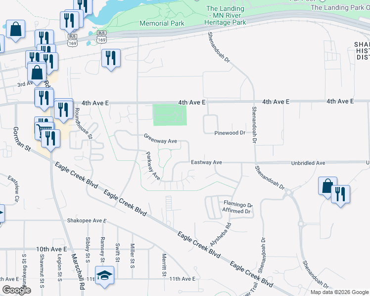 map of restaurants, bars, coffee shops, grocery stores, and more near 2114 Greenway Avenue in Shakopee