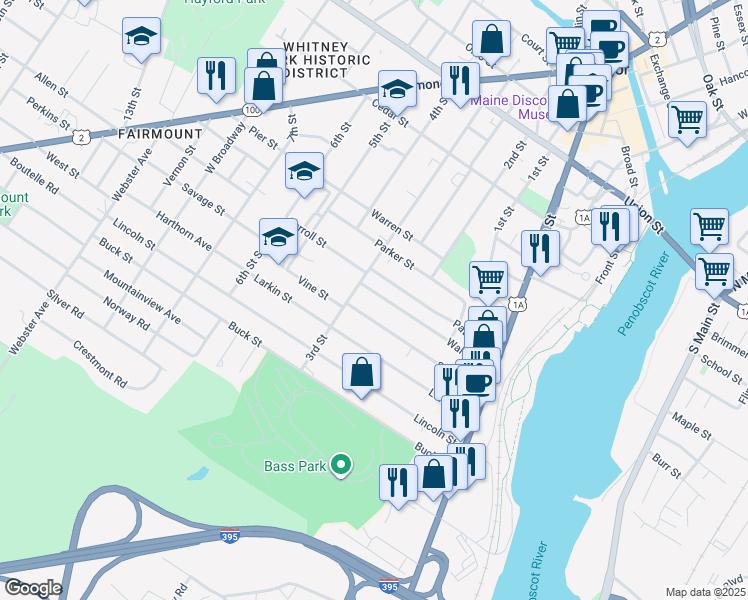 map of restaurants, bars, coffee shops, grocery stores, and more near 114 Walter Street in Bangor