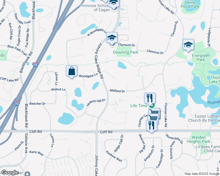 map of restaurants, bars, coffee shops, grocery stores, and more near 1671 Mallard Drive in Eagan