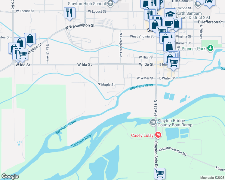map of restaurants, bars, coffee shops, grocery stores, and more near 632 West Maple Street in Stayton